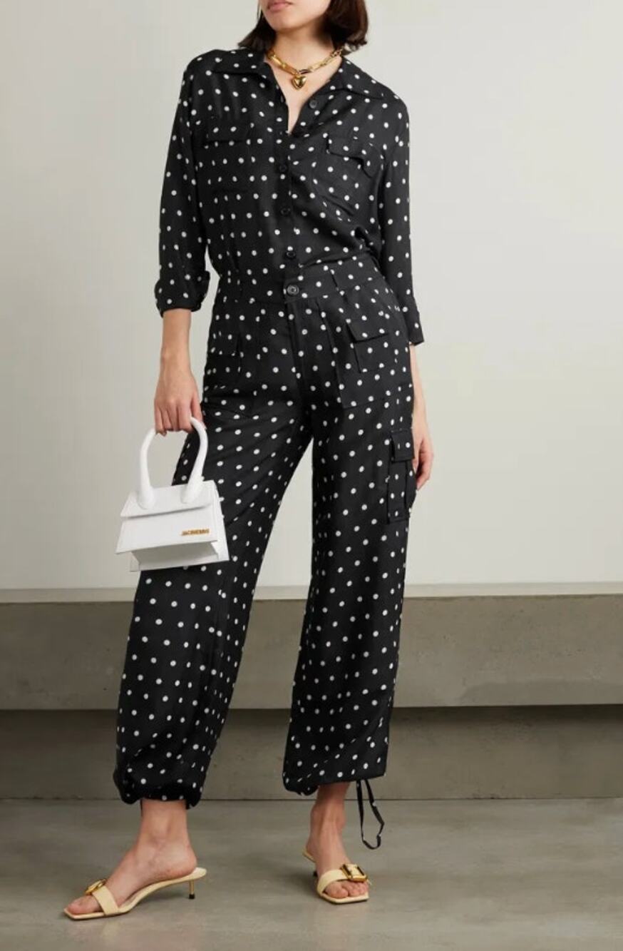 Leslie Amon Set Small Polka Dot Cargo Shirt Pants Silk Modal Black Office Luxury